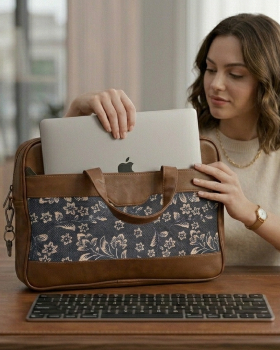 Navy Blue Floral Women's Laptop Bag Faux Leather Handles