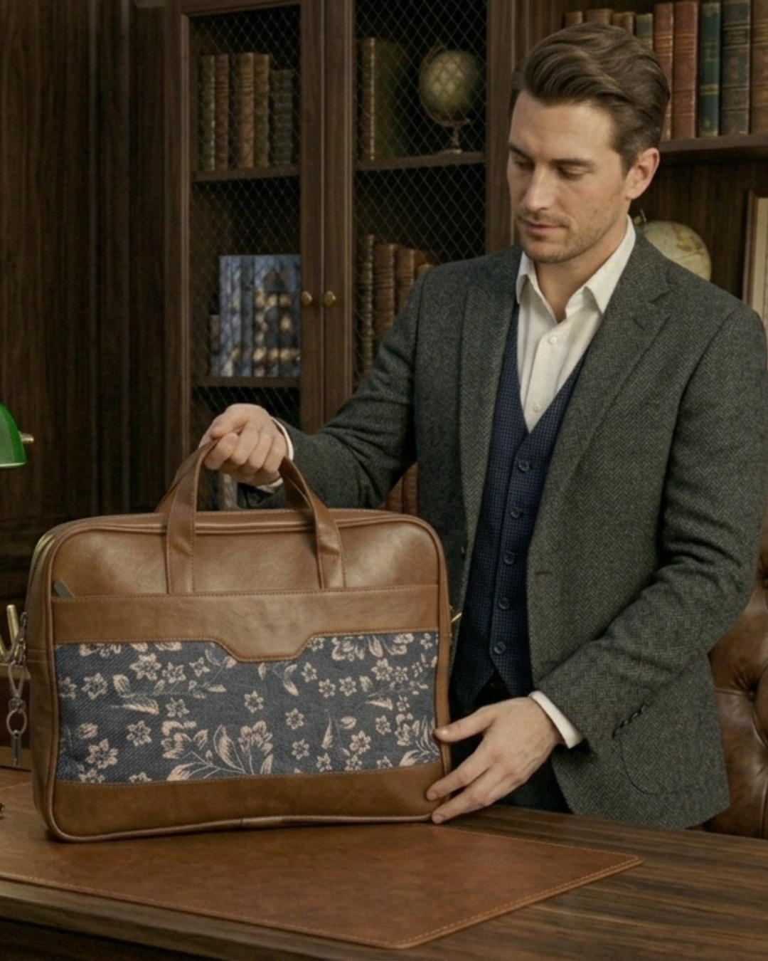 Men's Floral Canvas & PU Leather Laptop Office Bag