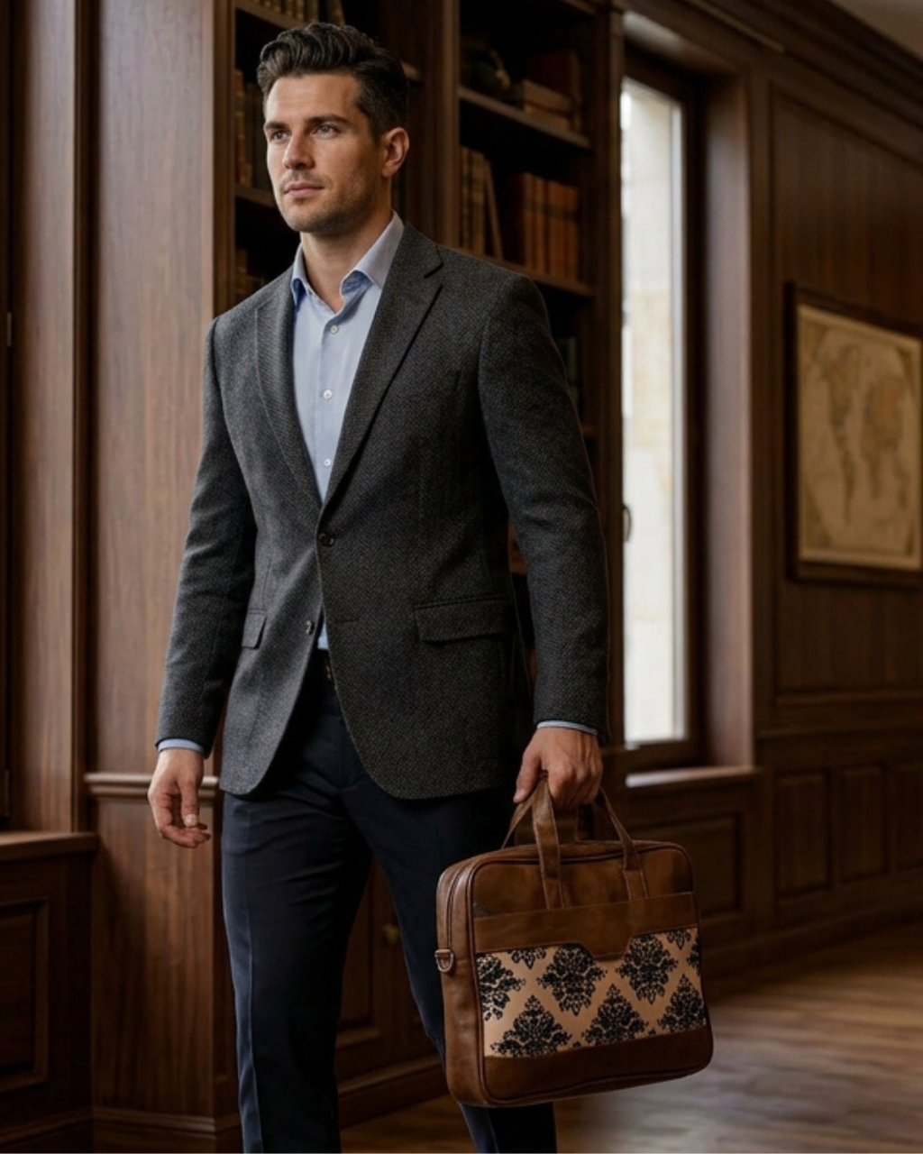 Men's Damask Canvas & PU Leather Laptop Office Bag