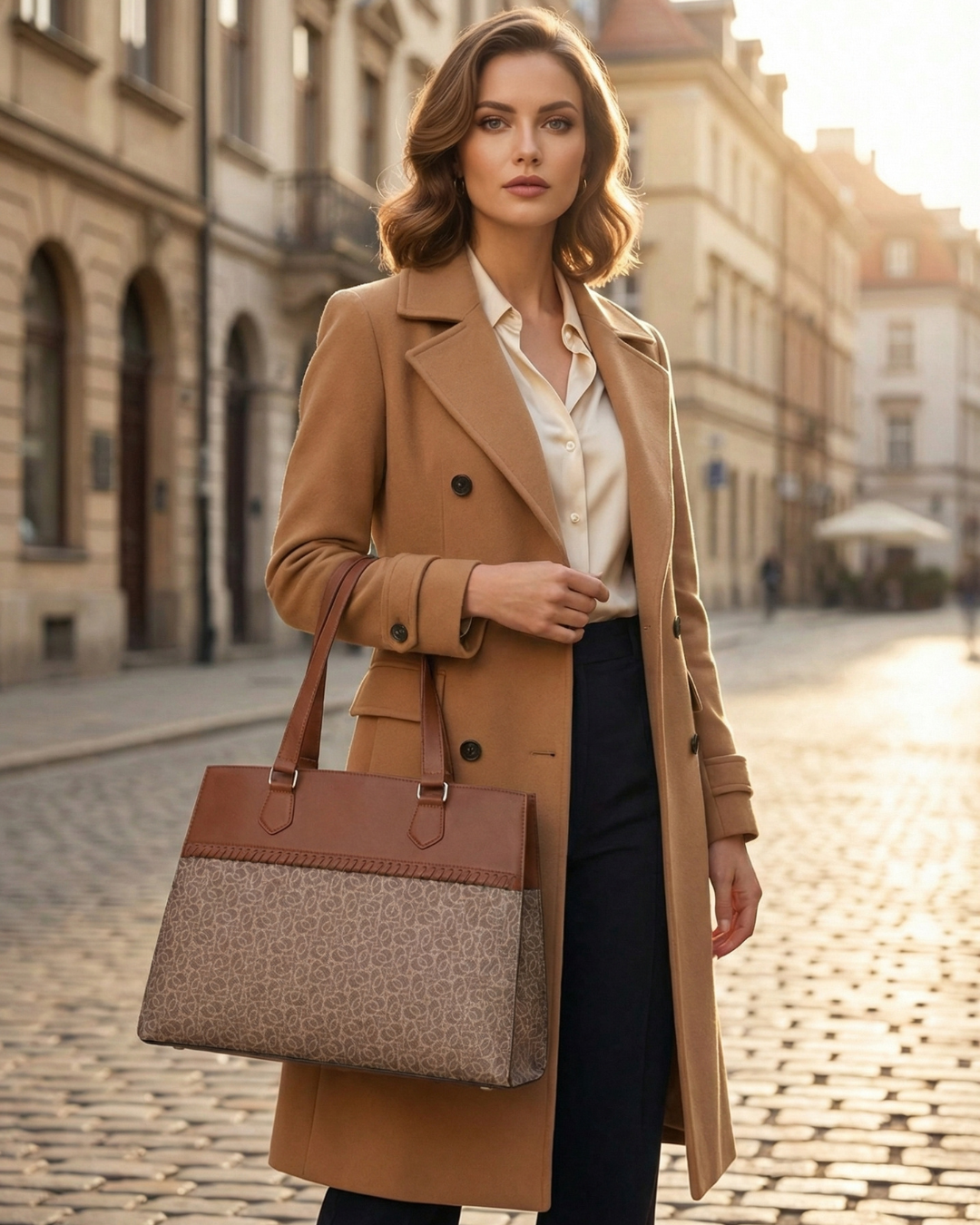 Subtle Brown Textured Monogram Premium Faux Leather Professional Handbag for Women