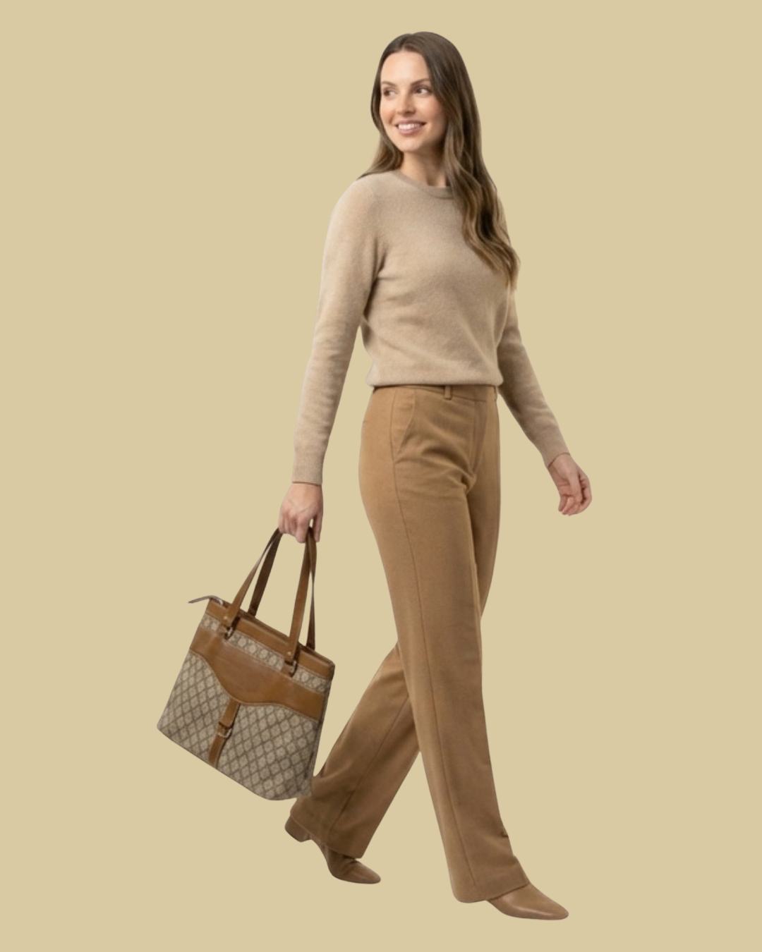 Beige Monogram Shoulder Bag Faux Leather Handles for Women