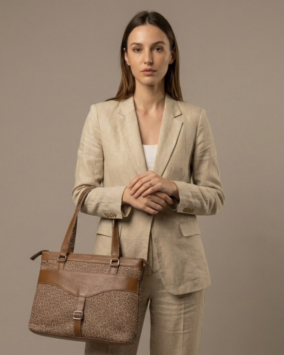 Beige Abstract Shoulder Bag Faux Leather Handles for Women