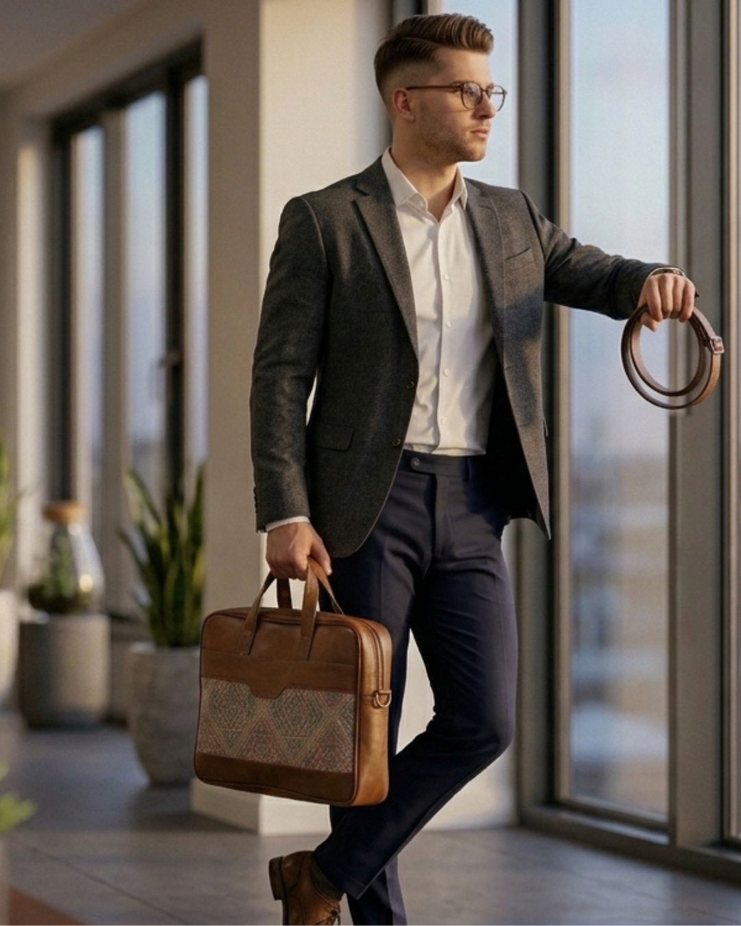 Men's Vintage Pattern Canvas & PU Leather Laptop Office Bag