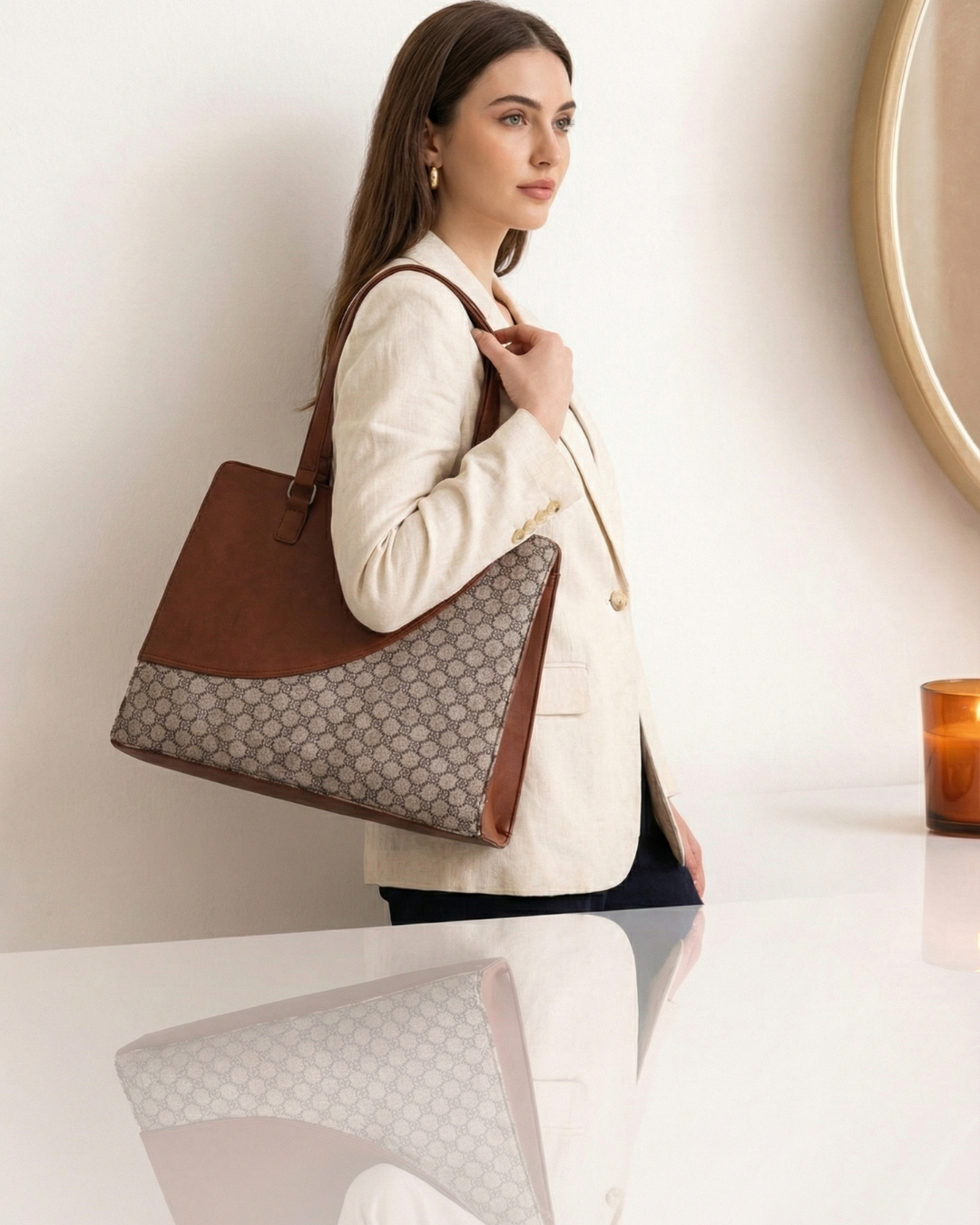 Minimal Premium Brown Faux Leather Finish Office Chic Carry Bag for Women