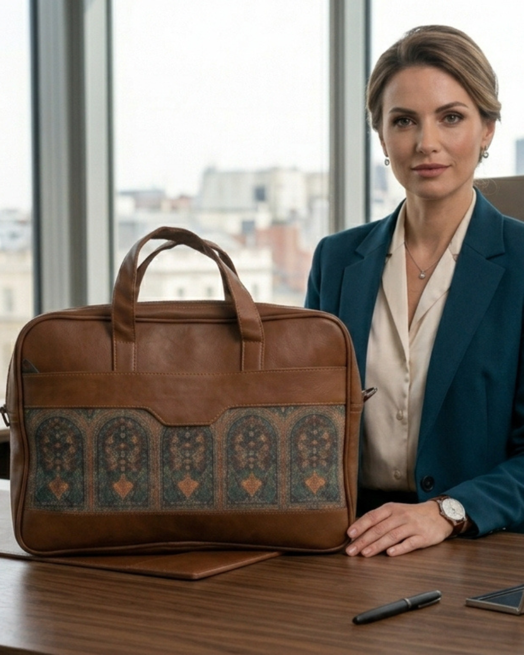 Vintage Pattern Women's Laptop Bag with Brown Faux Leather Trim