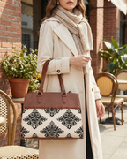 Classic Beige Damask Premium Brown Faux Leather Professional Handbag for Women