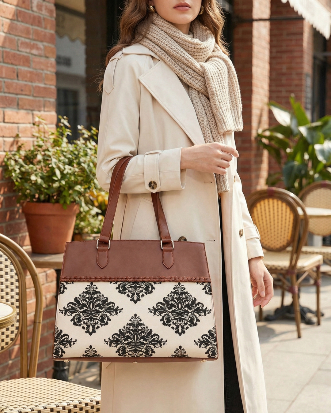Classic Beige Damask Premium Brown Faux Leather Professional Handbag for Women