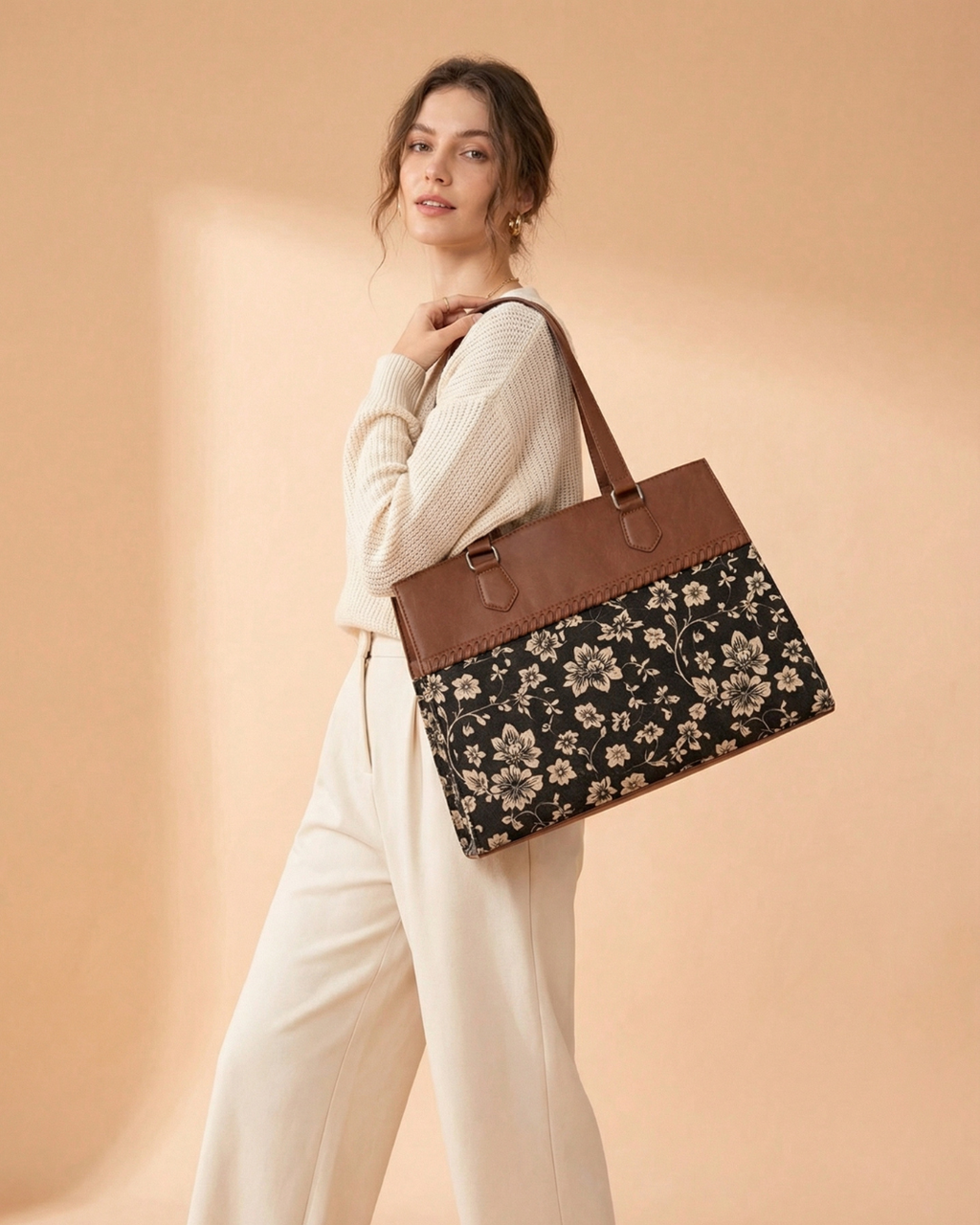 Black Floral Premium Brown Faux Leather Professional Handbag for Women