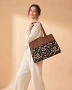 Black Floral Premium Brown Faux Leather Professional Handbag for Women