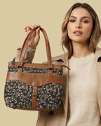 Black Floral Shoulder Bag Faux Leather Handles for Women