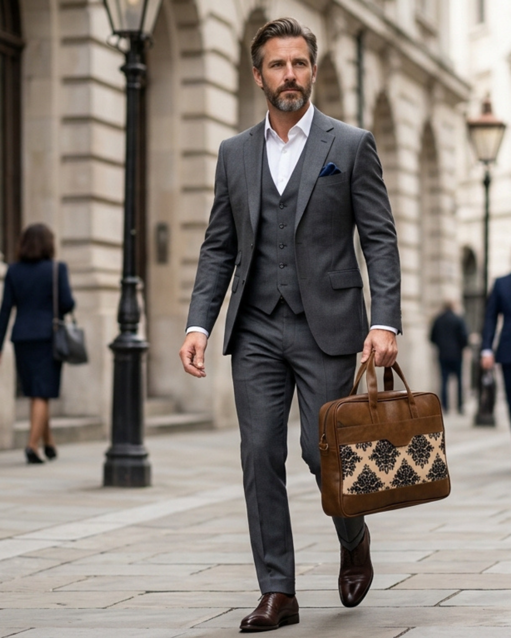 Men's Damask Canvas & PU Leather Laptop Office Bag