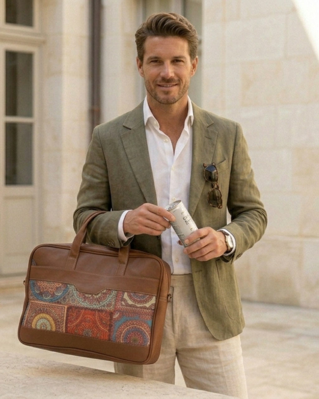 Men's Ethnic Print Canvas & PU Leather Laptop Office Bag