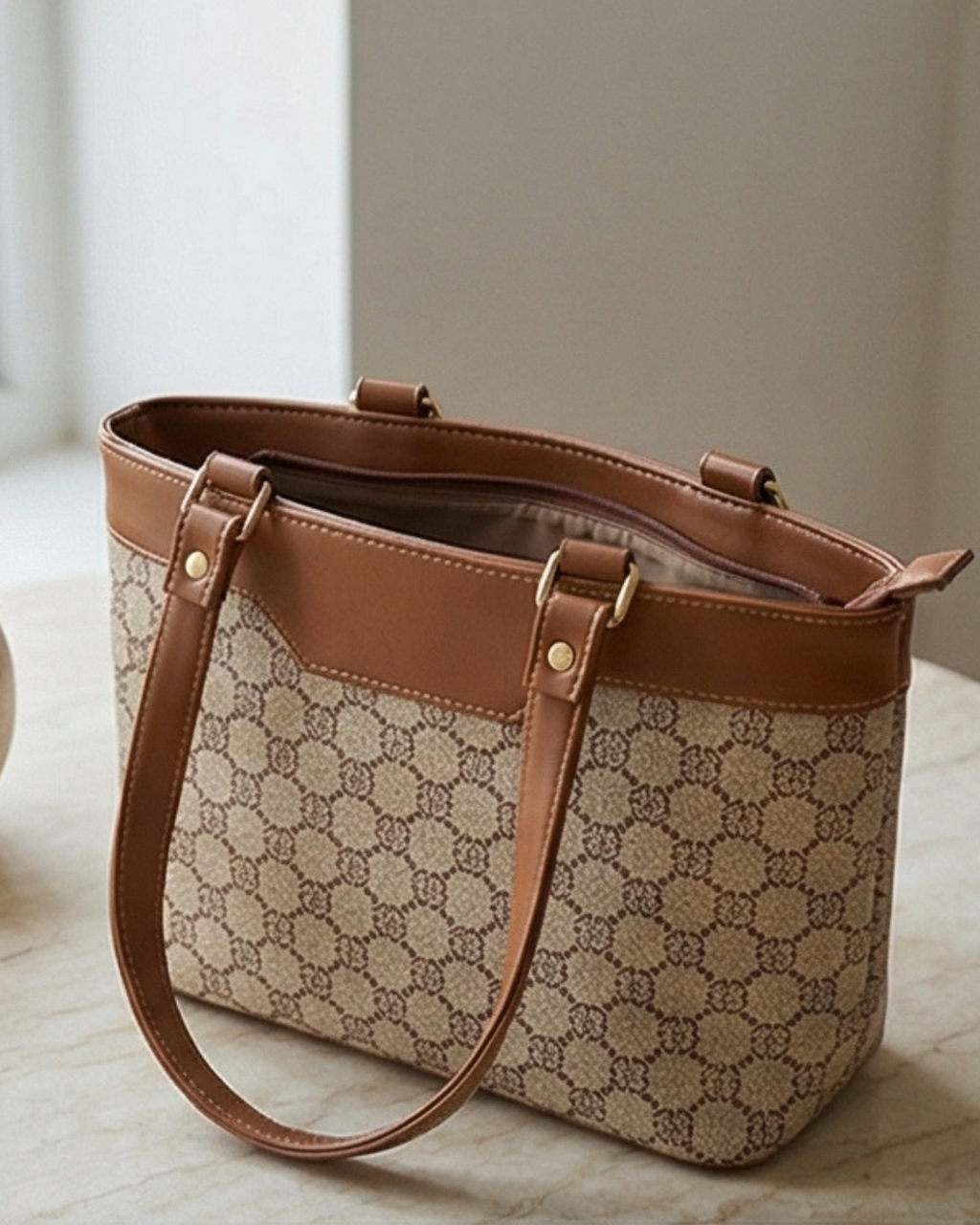 Beige Monogram jute Satchel Handbag for Women