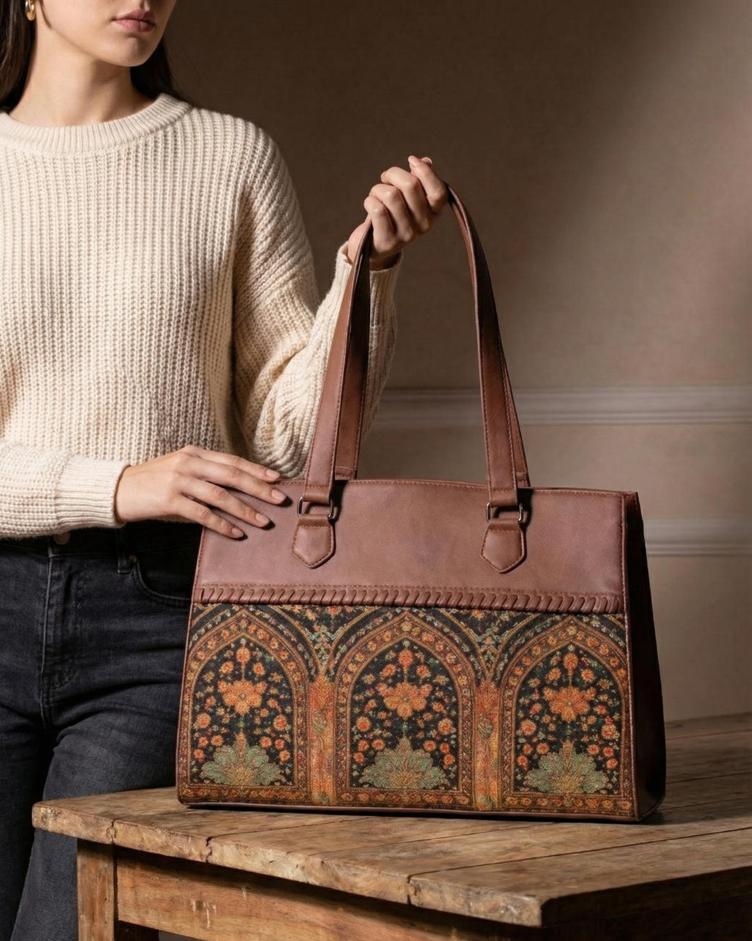 Royal Arch Ethnic Premium Brown Faux Leather Professional Handbag for Women