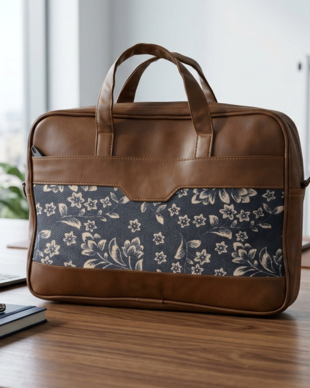 Navy Blue Floral Women's Laptop Bag Faux Leather Handles