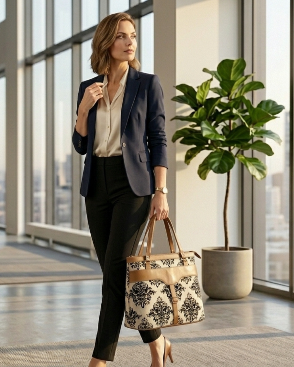 Classic Damask  Shoulder Bag Faux Leather Handles for Women