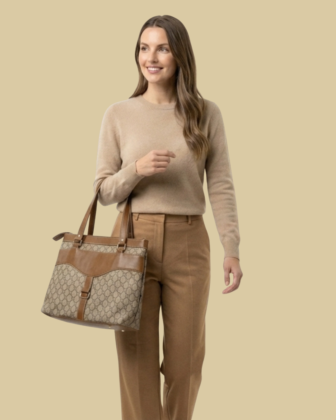Beige Monogram Shoulder Bag Faux Leather Handles for Women