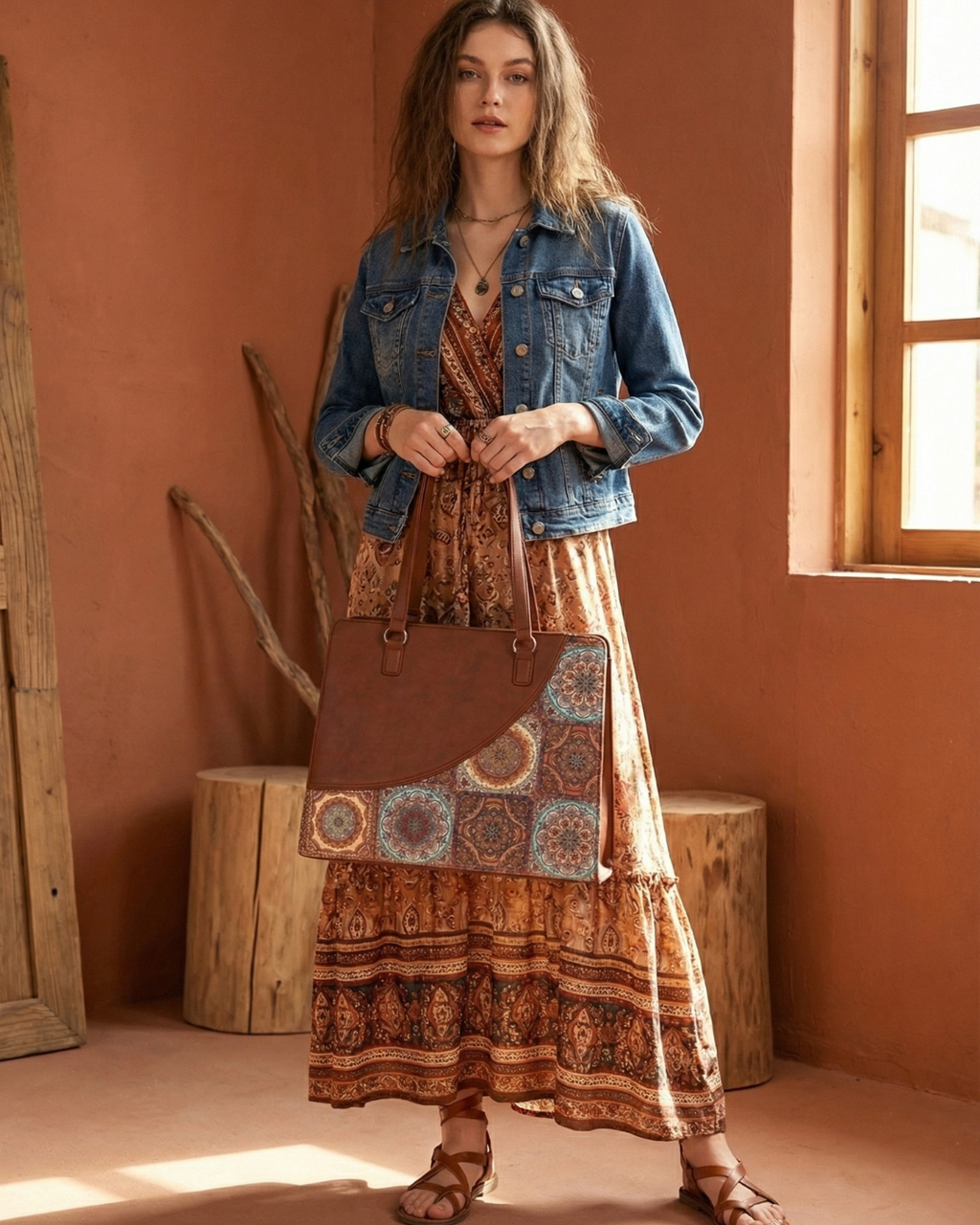 Mandala Premium Brown Faux Leather Finish Office Chic Carry Bag for Women