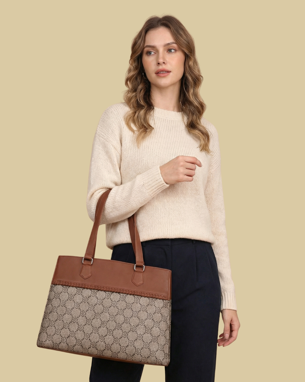 Beige Geometric Monogram Premium Brown Faux Leather Professional Handbag for Women