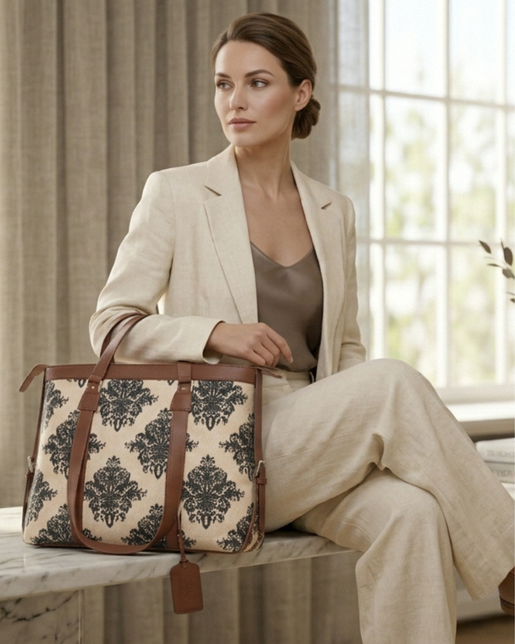 Beige & Black Damask office bag for women