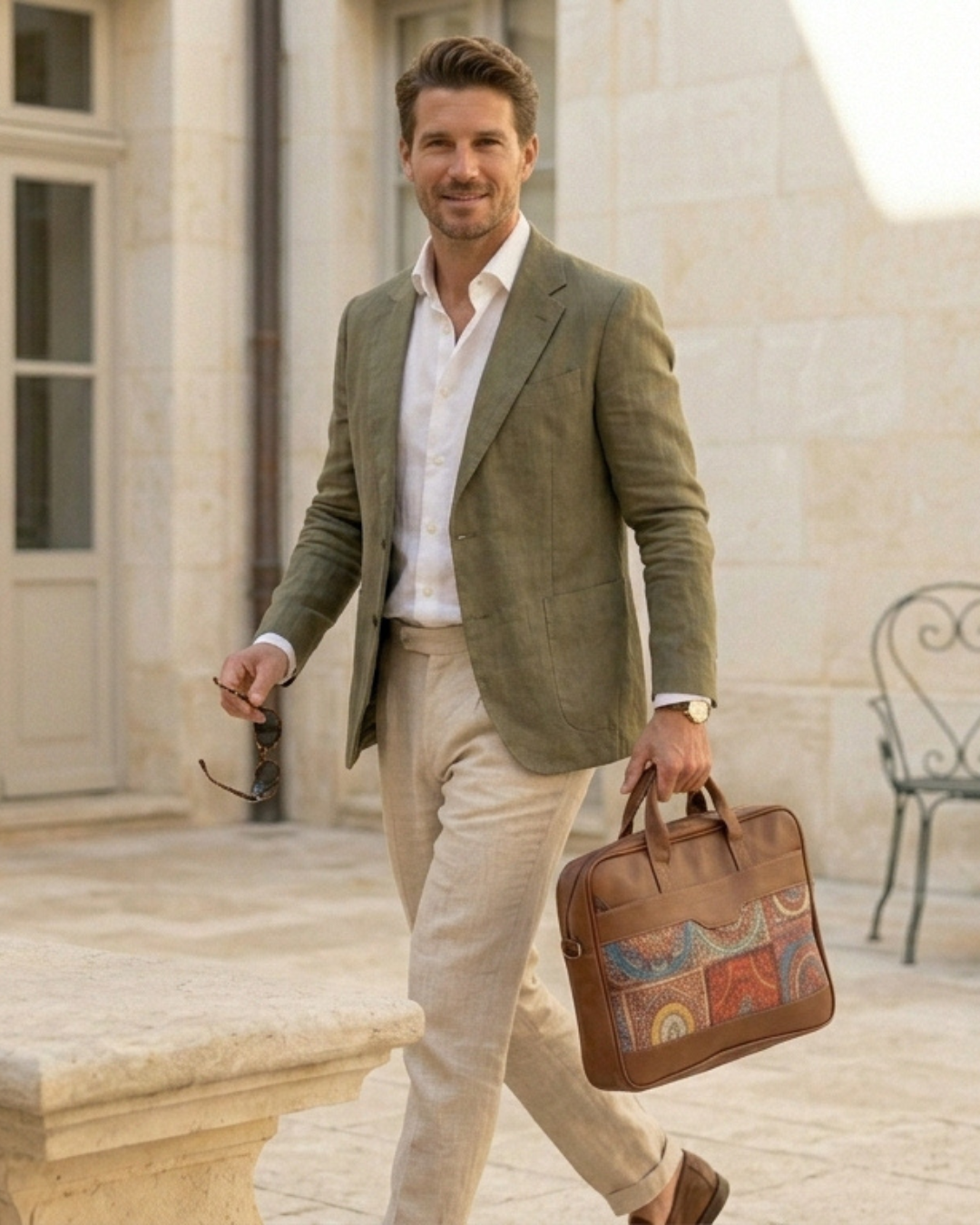 Men's Ethnic Print Canvas & PU Leather Laptop Office Bag