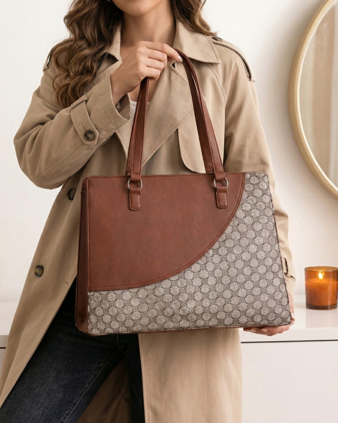 Minimal Premium Brown Faux Leather Finish Office Chic Carry Bag for Women
