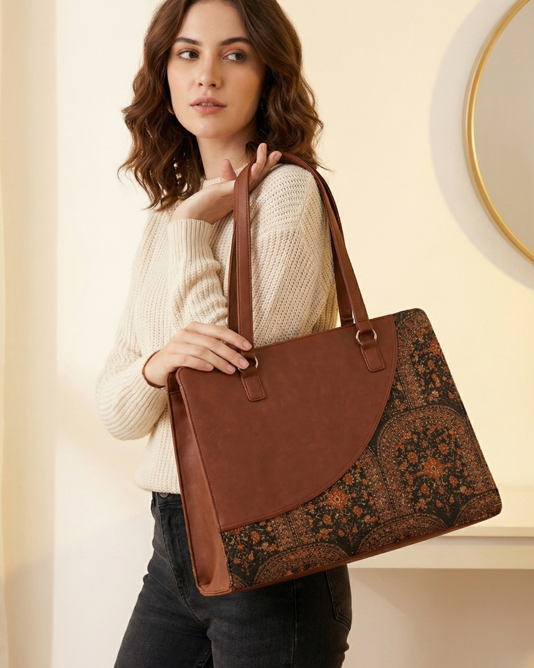 Dark Ethnic Premium Brown Faux Leather Finish Office Chic Carry Bag for Women