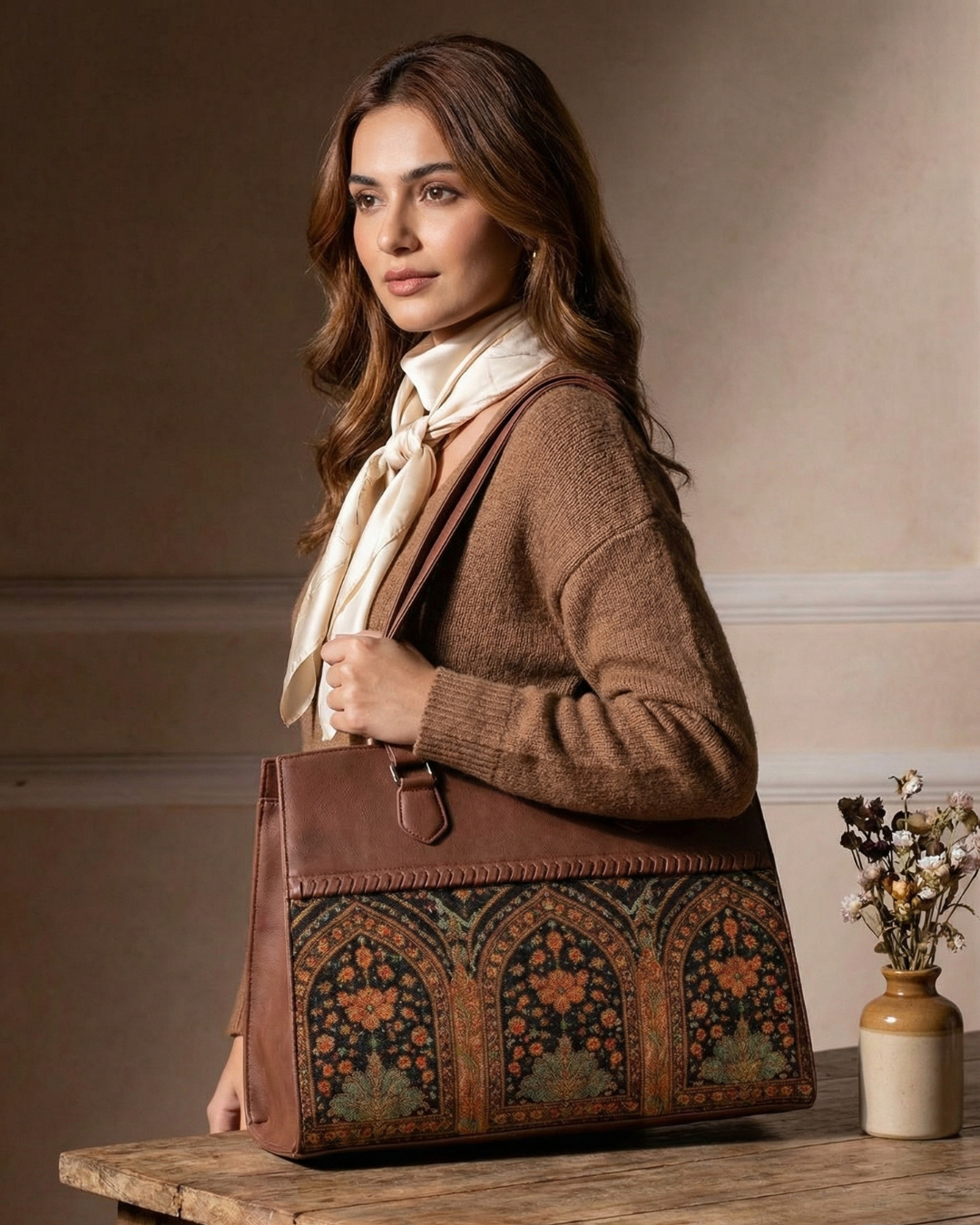 Royal Arch Ethnic Premium Brown Faux Leather Professional Handbag for Women