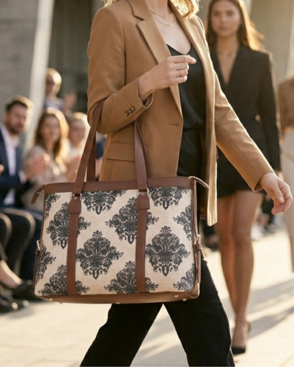 Beige & Black Damask office bag for women
