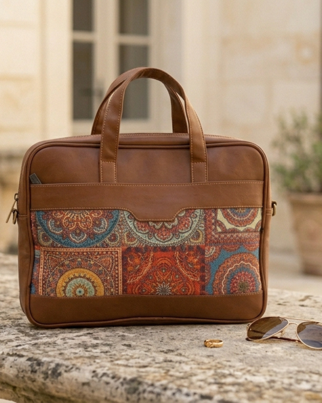 Men's Ethnic Print Canvas & PU Leather Laptop Office Bag