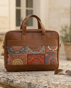Men's Ethnic Print Canvas & PU Leather Laptop Office Bag