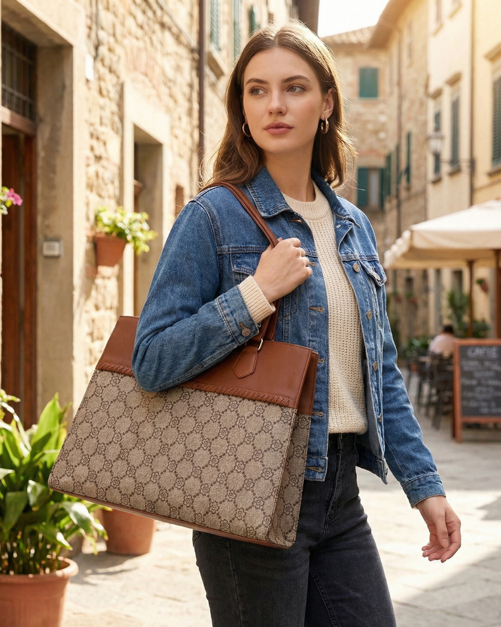 Beige Geometric Monogram Premium Brown Faux Leather Professional Handbag for Women