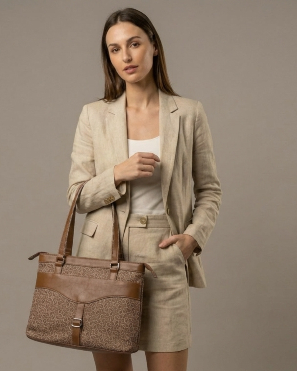 Beige Abstract Shoulder Bag Faux Leather Handles for Women