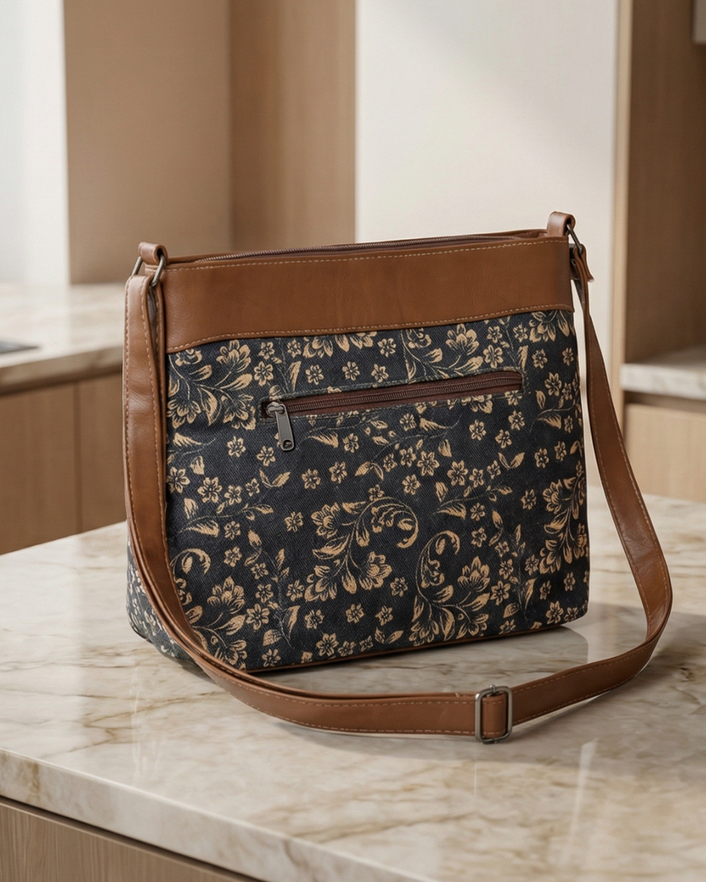 Navy Blue Floral Crossbody Sling Bag