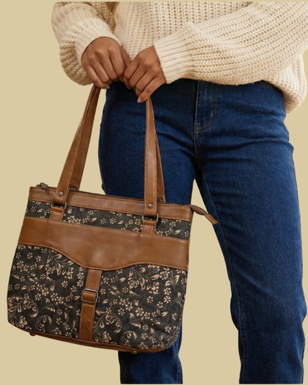 Black Floral Shoulder Bag Faux Leather Handles for Women