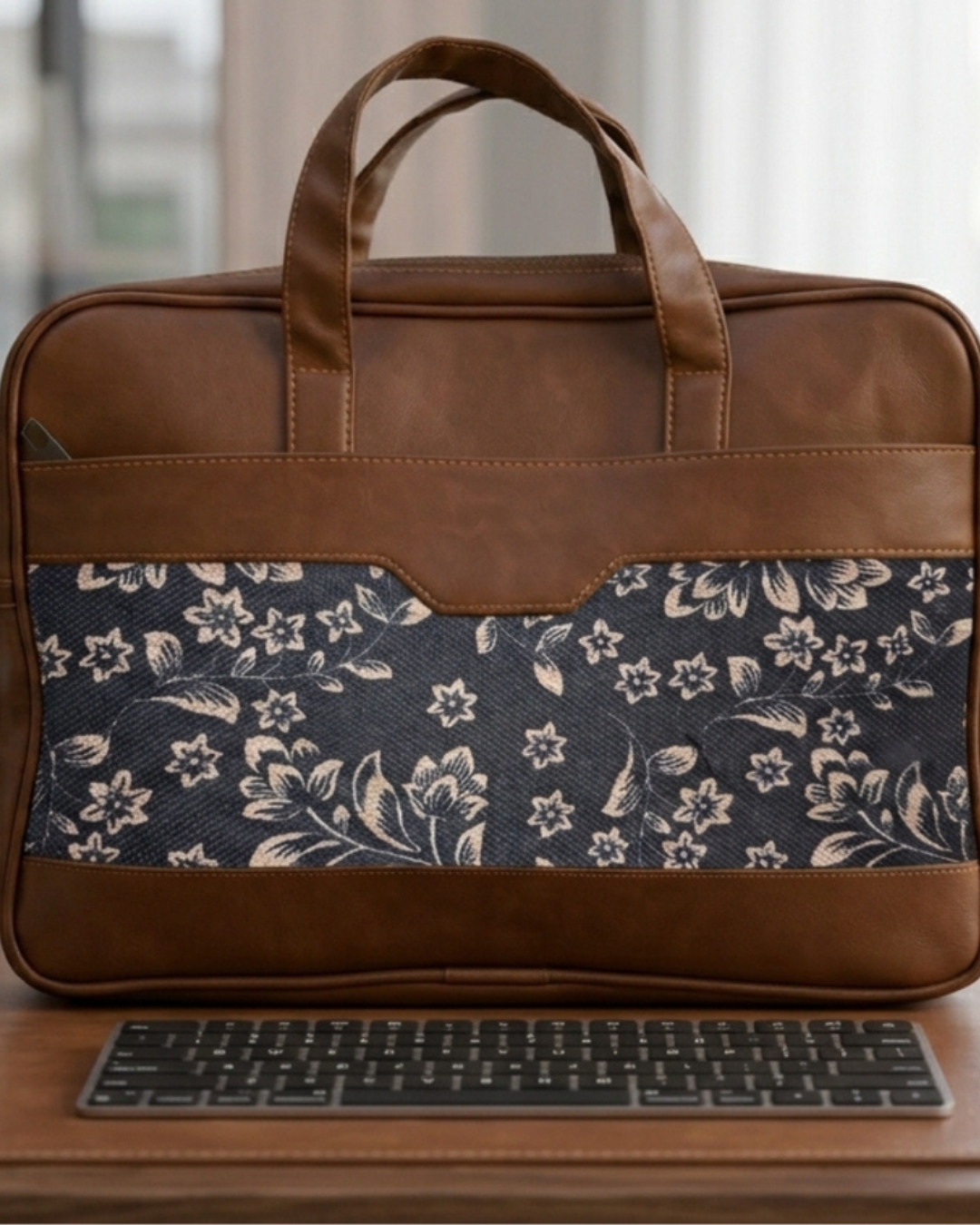 Navy Blue Floral Women's Laptop Bag Faux Leather Handles