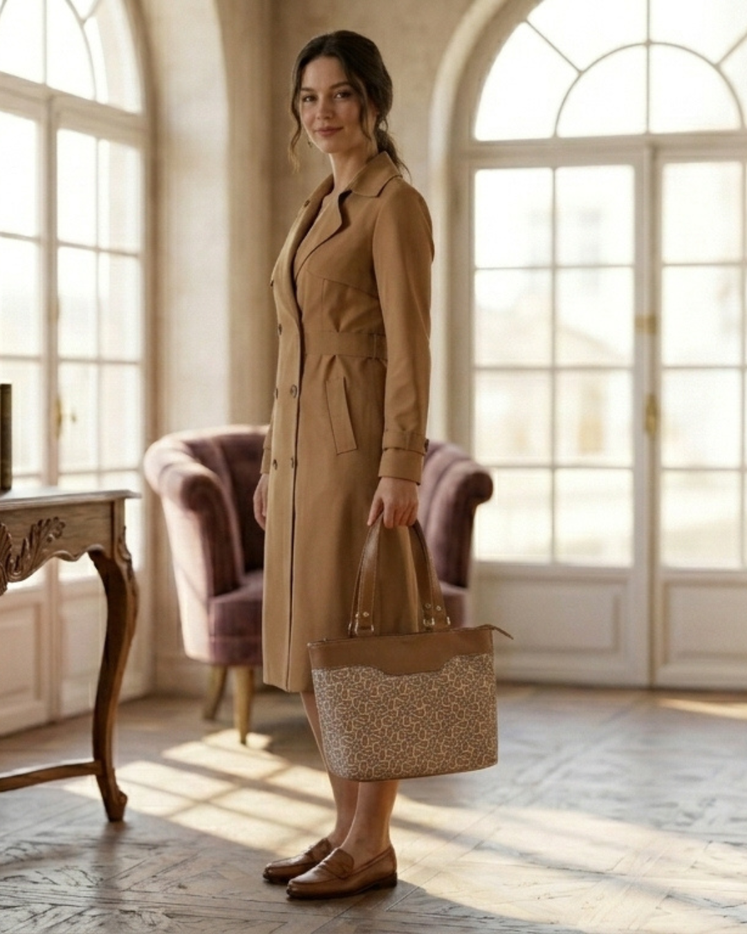 Beige Geometric Satchel Handbag for Women