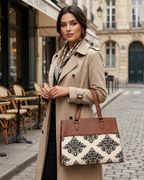 Classic Beige Damask Premium Brown Faux Leather Professional Handbag for Women