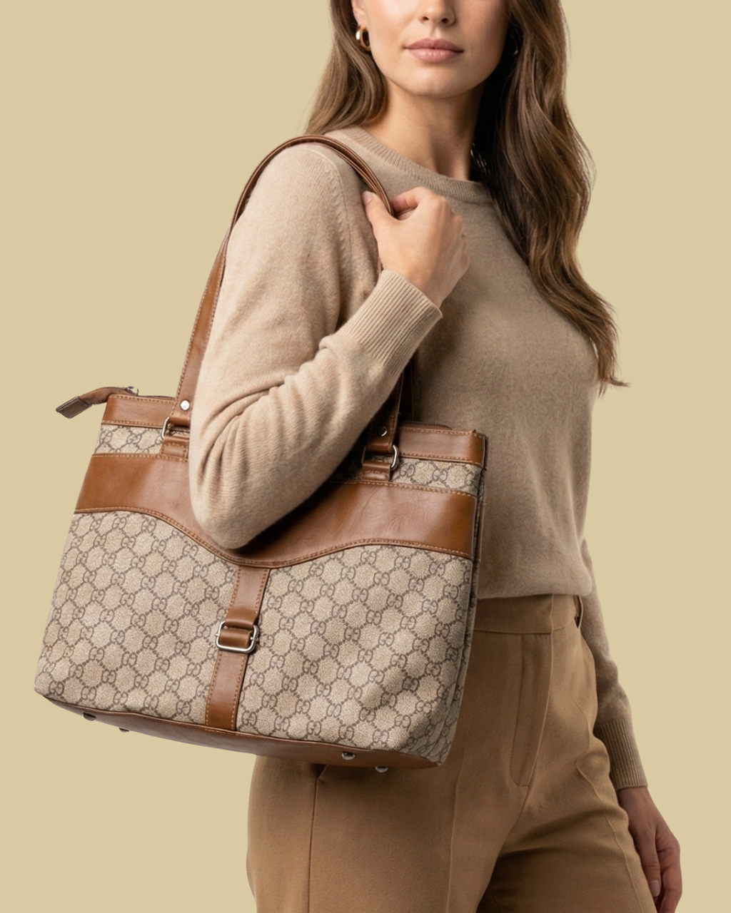 Beige Monogram Shoulder Bag Faux Leather Handles for Women