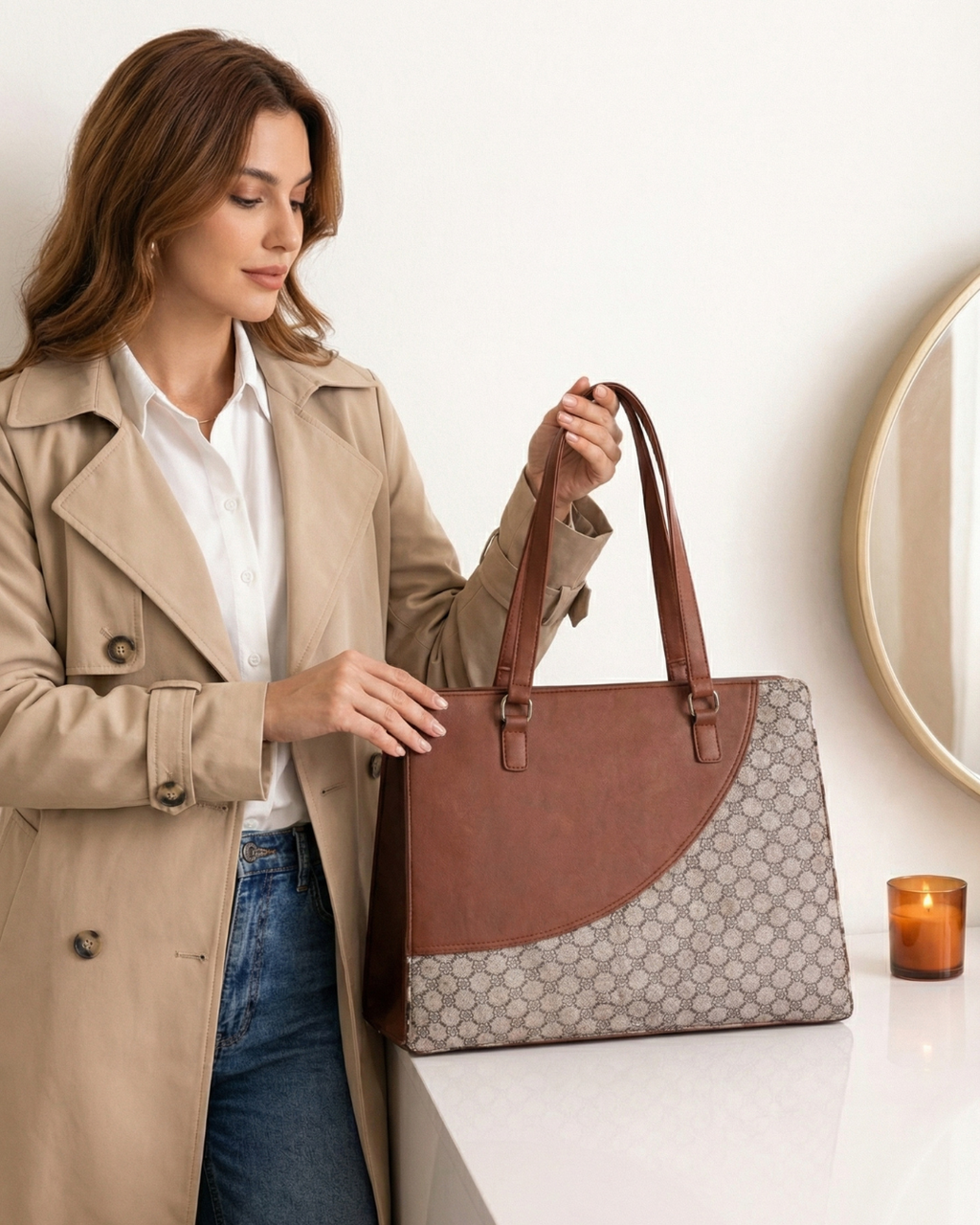 Minimal Premium Brown Faux Leather Finish Office Chic Carry Bag for Women
