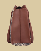 Premium Brown Faux Leather & Floral Fabric Office Chic Carry Bag for Women
