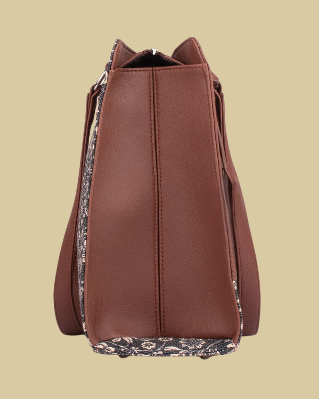 Premium Brown Faux Leather & Floral Fabric Office Chic Carry Bag for Women