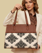Classic Beige Damask Premium Brown Faux Leather Professional Handbag for Women