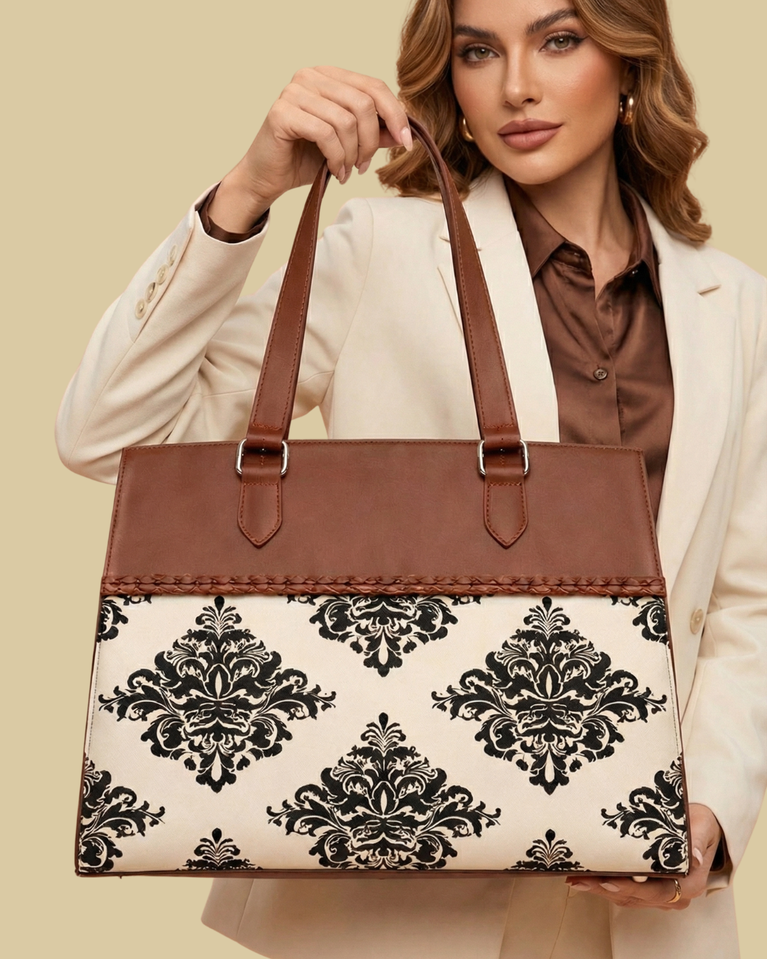 Classic Beige Damask Premium Brown Faux Leather Professional Handbag for Women