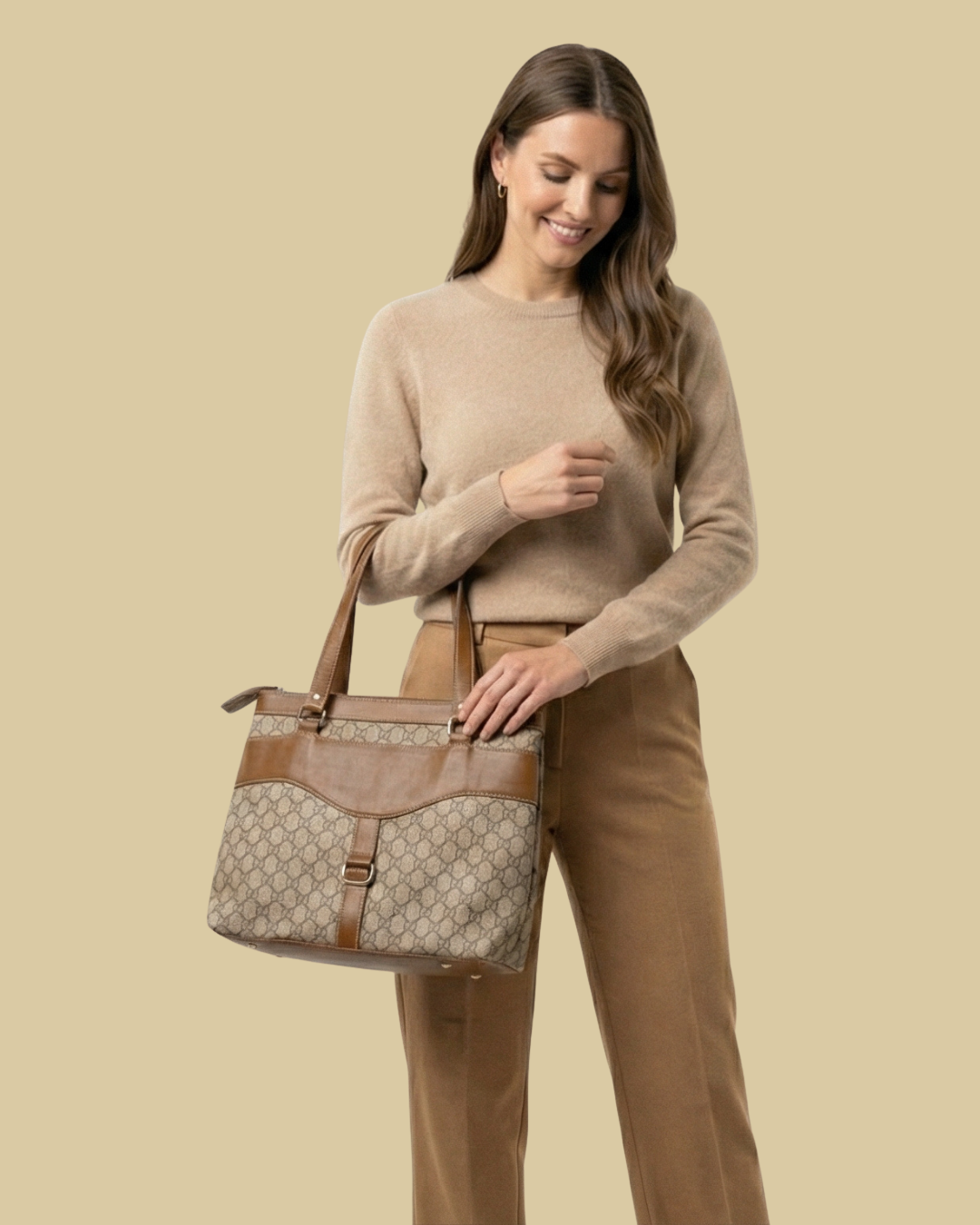 Beige Monogram Shoulder Bag Faux Leather Handles for Women