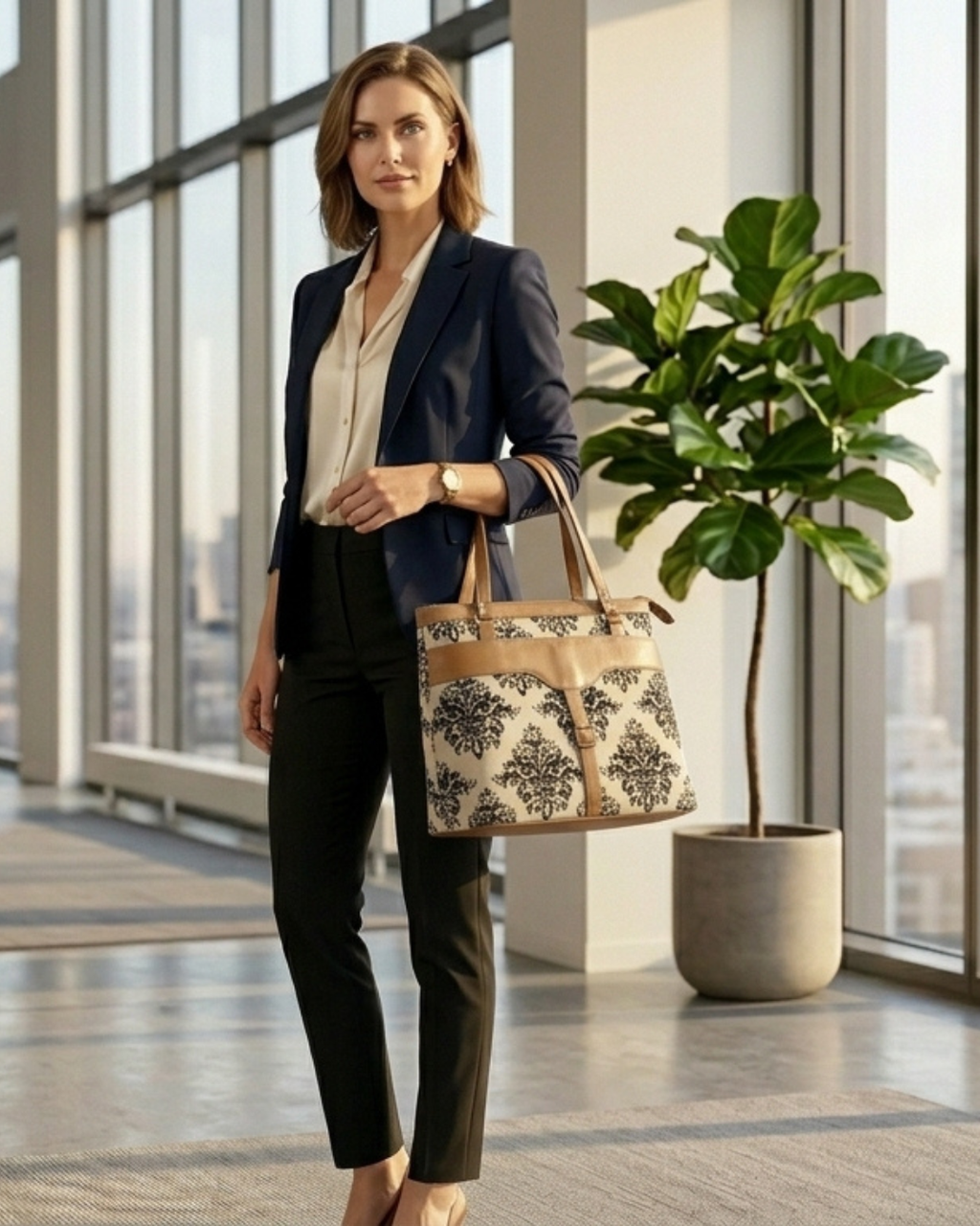 Classic Damask  Shoulder Bag Faux Leather Handles for Women
