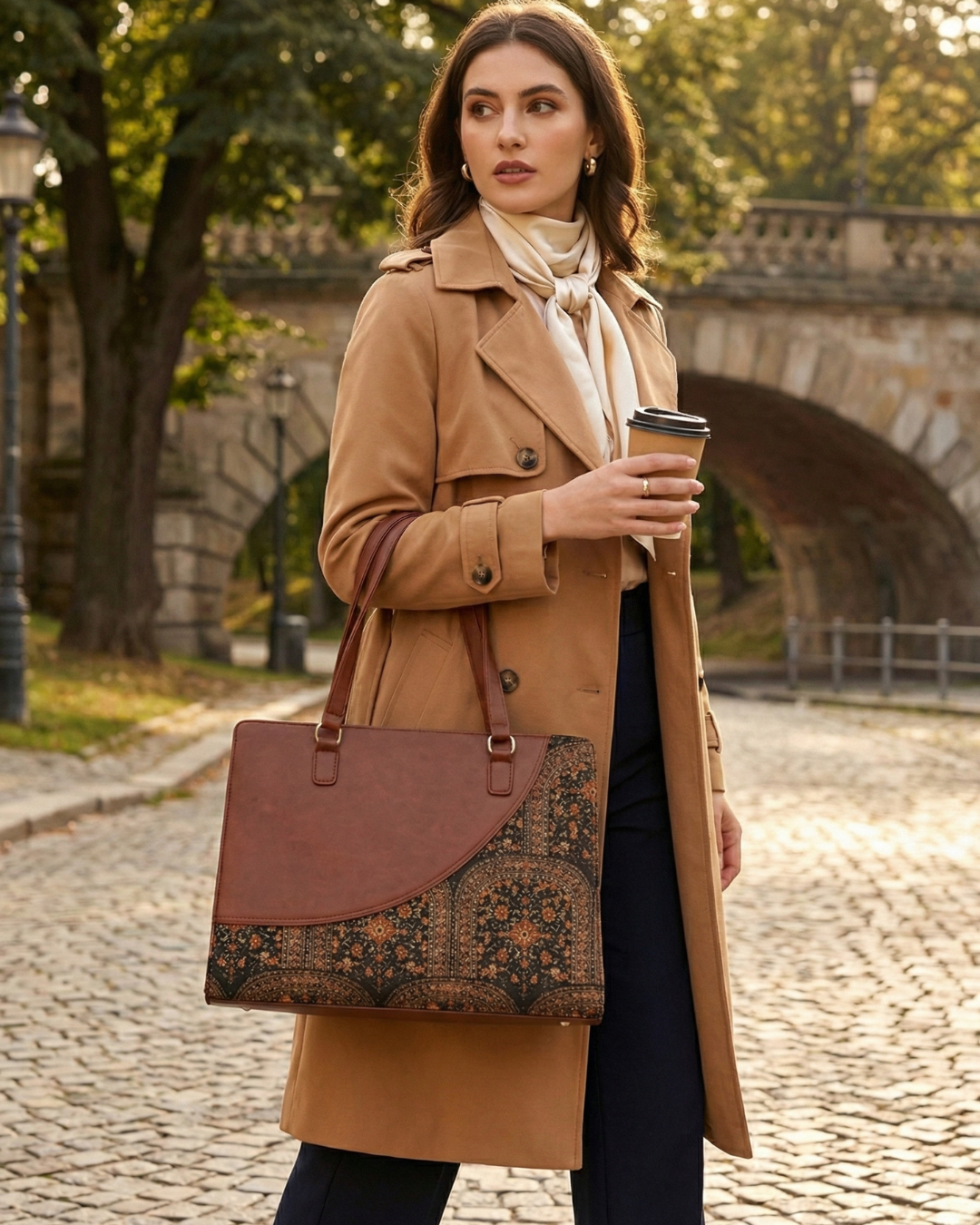 Dark Ethnic Premium Brown Faux Leather Finish Office Chic Carry Bag for Women