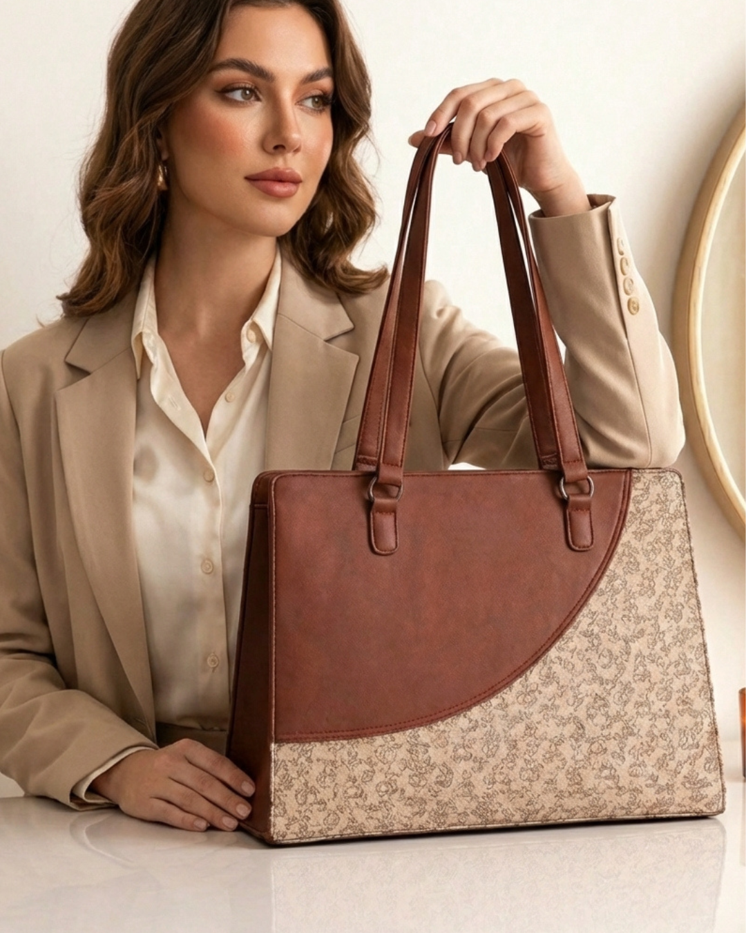 Elegant Beige Faux Leather Finish Office Chic Carry Bag for Women