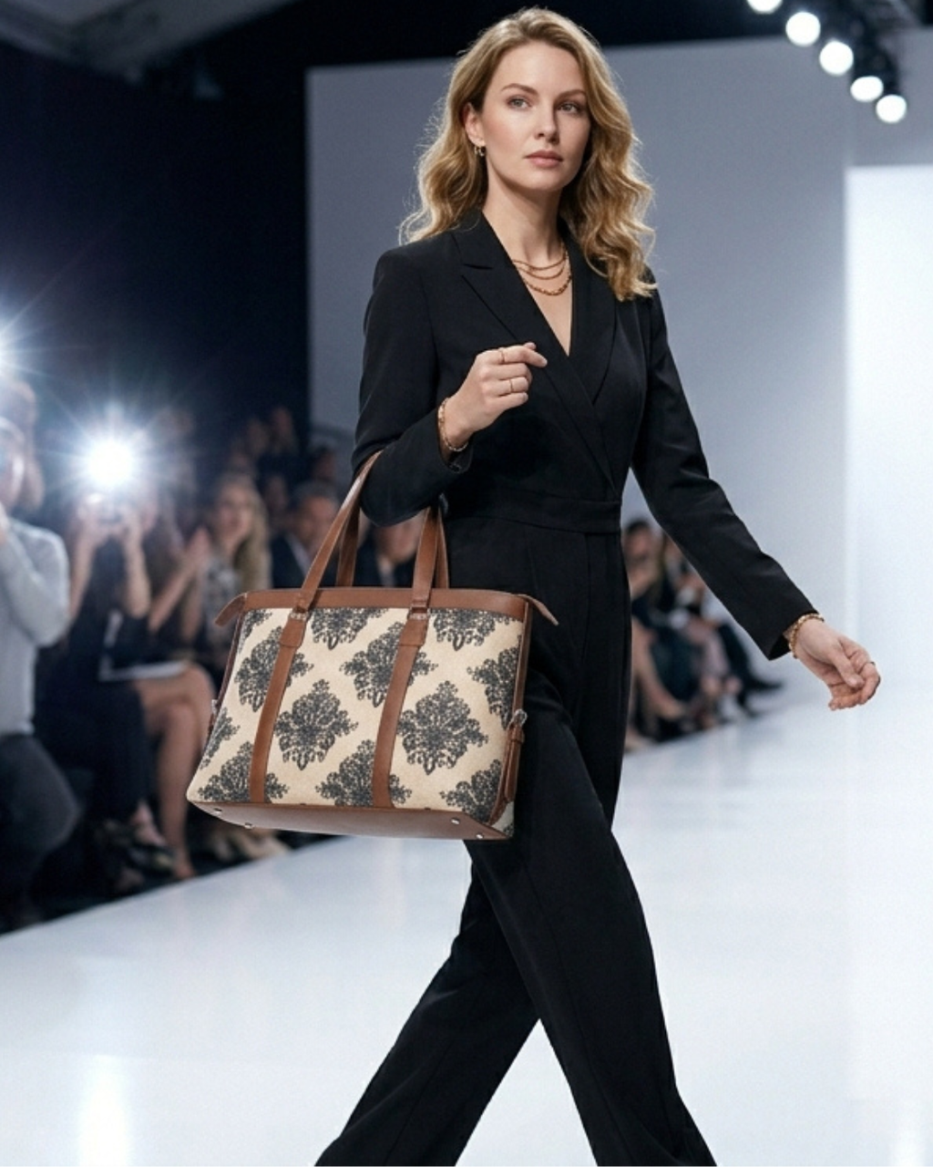 Beige & Black Damask office bag for women
