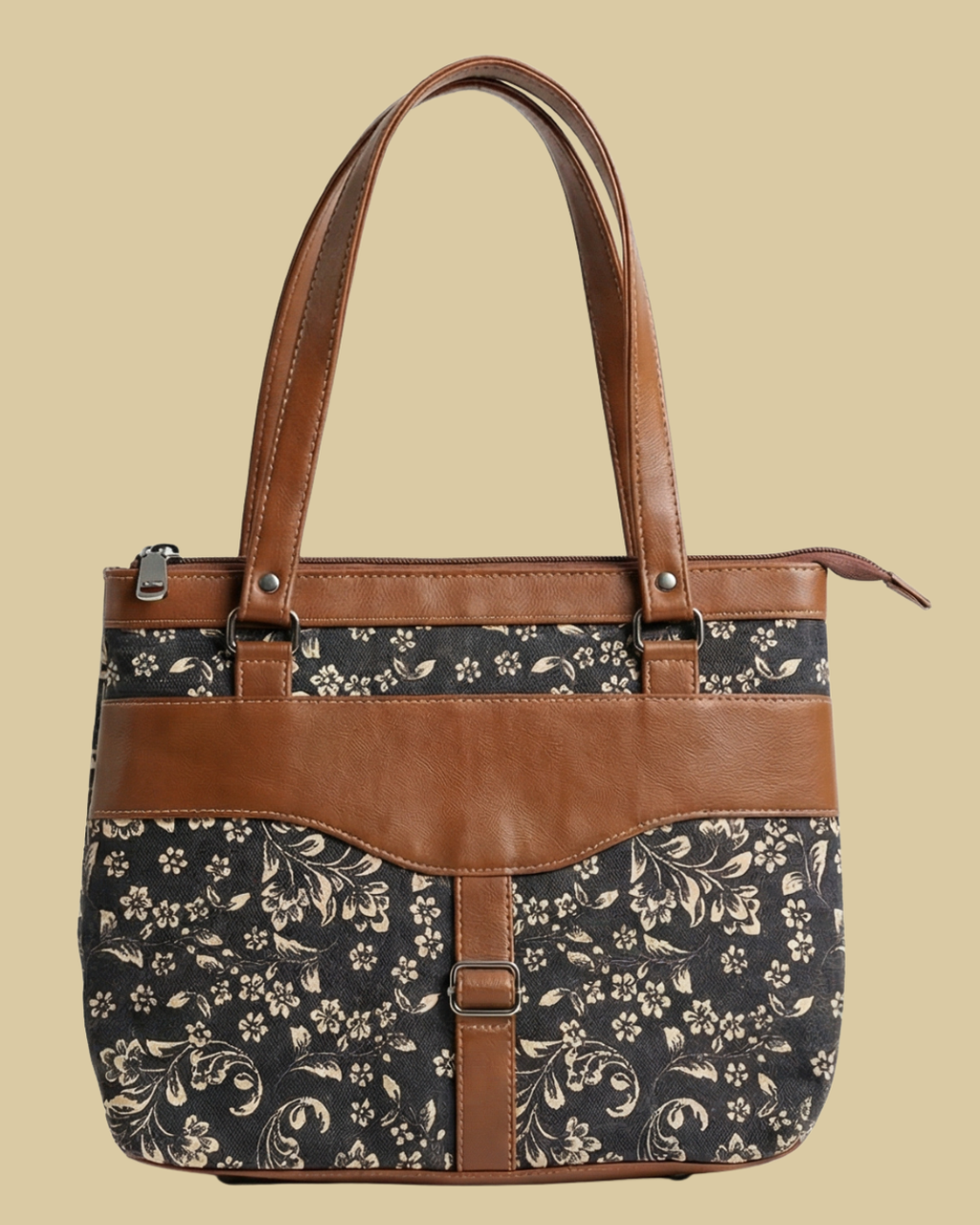 Black Floral Shoulder Bag Faux Leather Handles for Women